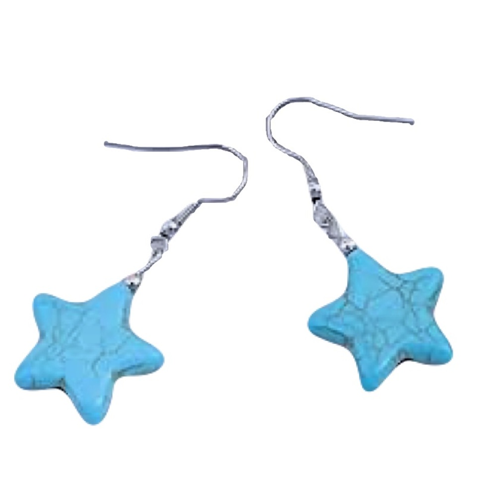 New Handmade S925 Sterling Silver Boheme Natural Turquoise Carved Star Earrings